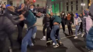 Eagles fans fight in streets of Philadelphia after Super Bowl win against the Chiefs